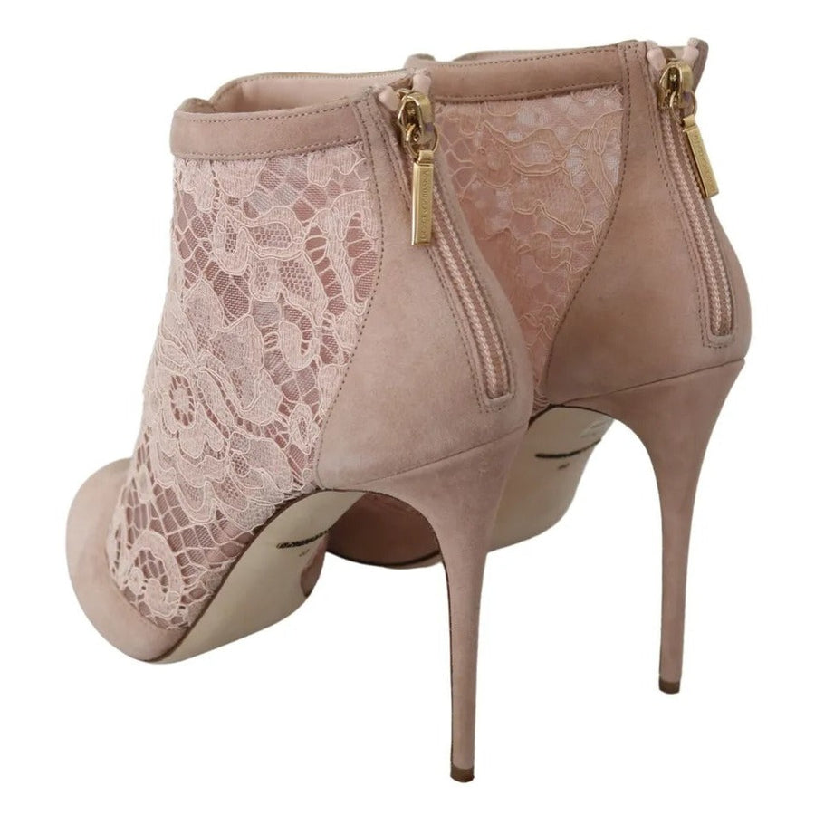 Dolce & Gabbana Beige Lace Suede Peep Toe Ankle Boots Shoes