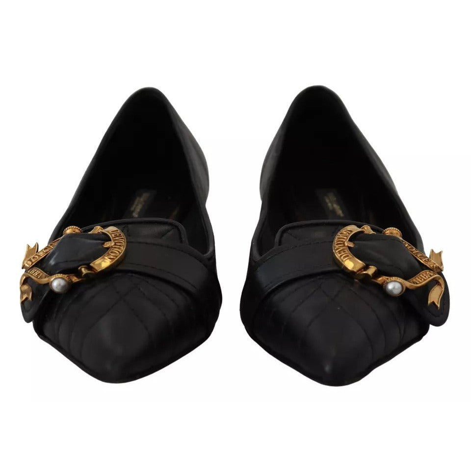 Dolce & Gabbana Black Devotion Leather Pointy Flats Shoes