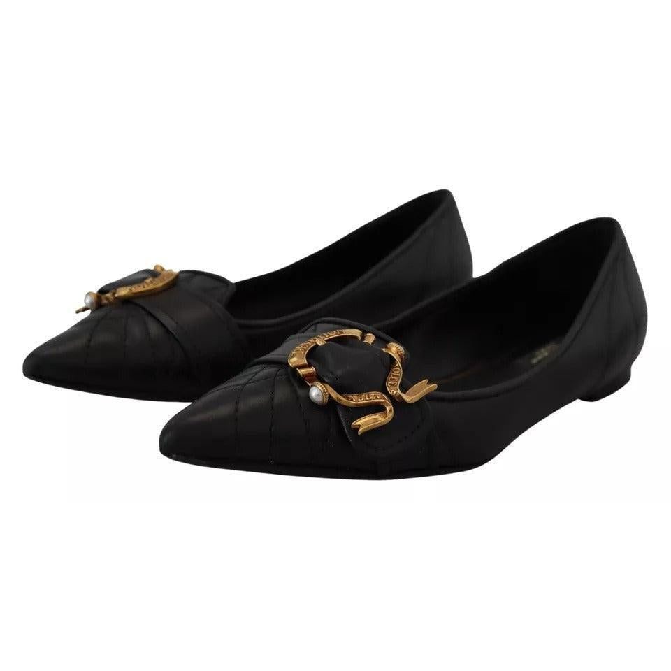 Dolce &amp; Gabbana Black Devotion Leather Pointy Flats Shoes