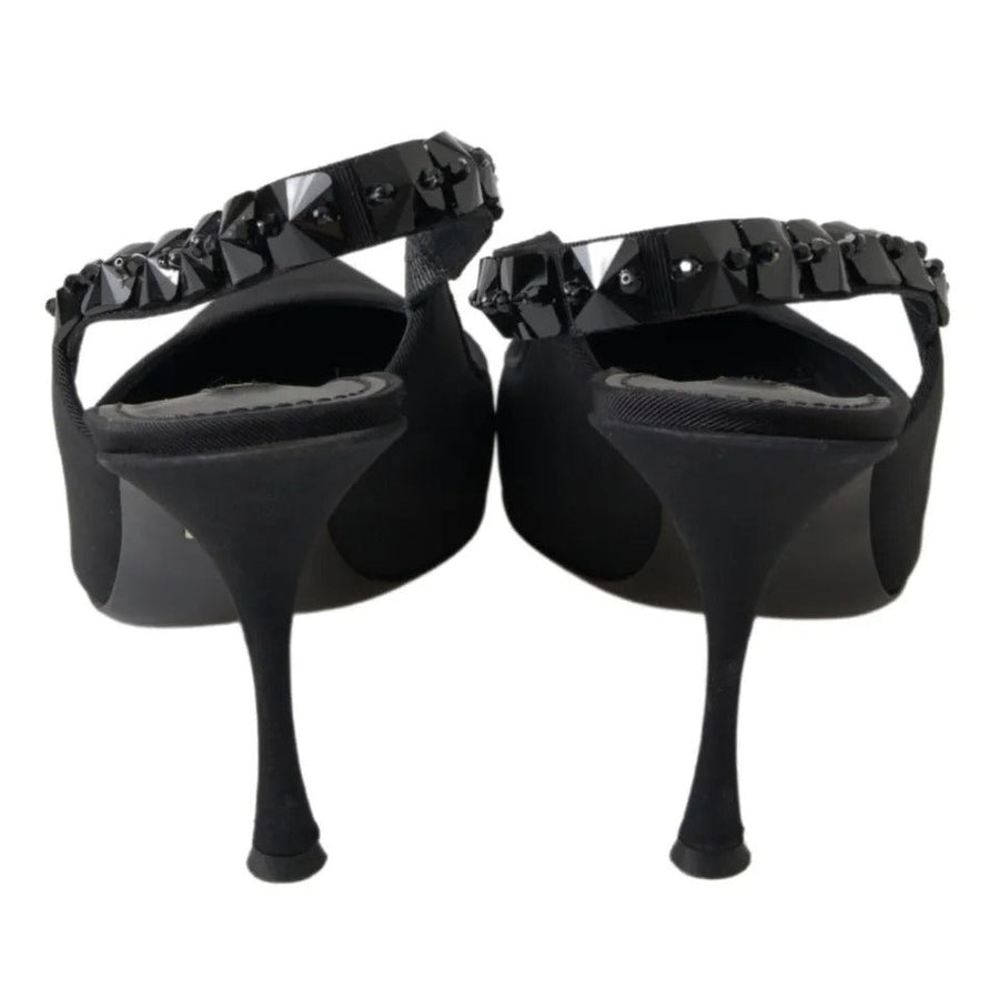 Dolce & Gabbana Black Embellished Charmeuse Slingback Heels Shoes