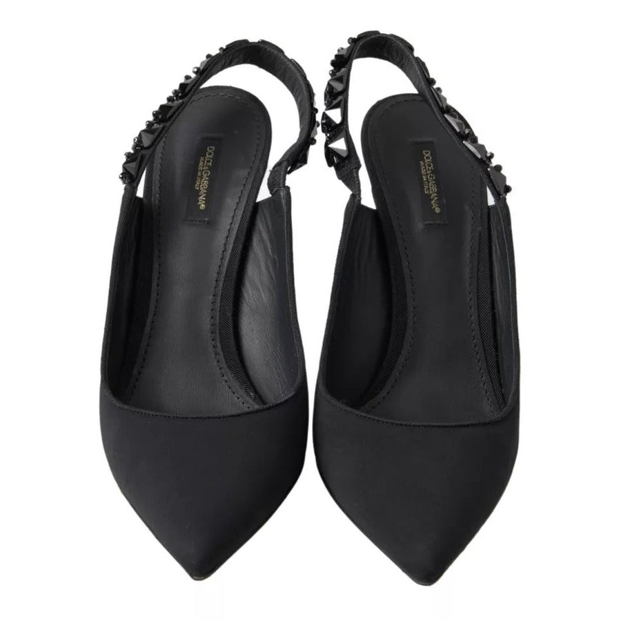 Dolce & Gabbana Black Embellished Charmeuse Slingback Heels Shoes