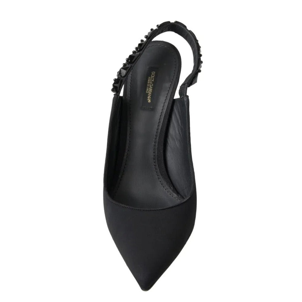 Dolce &amp; Gabbana Black Embellished Charmeuse Slingback Heels Shoes