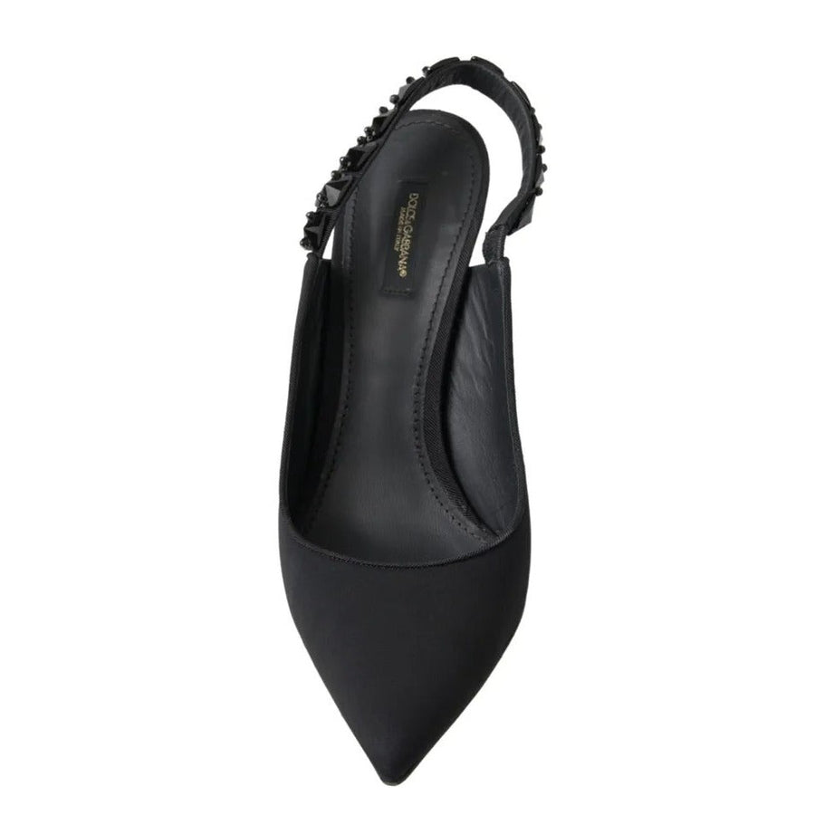 Dolce & Gabbana Black Embellished Charmeuse Slingback Heels Shoes