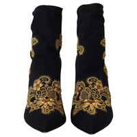 Dolce & Gabbana Black Gold Embroidery Slip On Boots Shoes