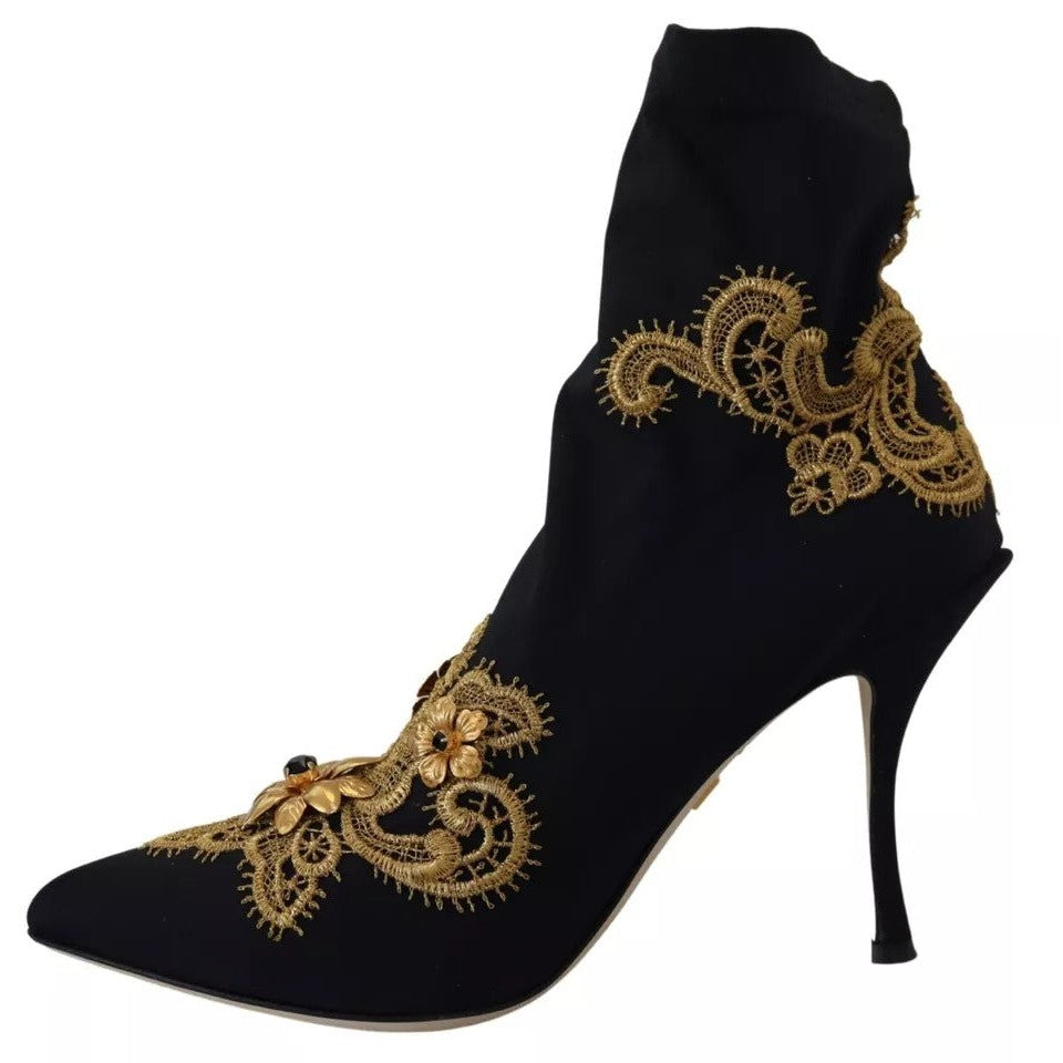 Dolce & Gabbana Black Gold Embroidery Slip On Boots Shoes