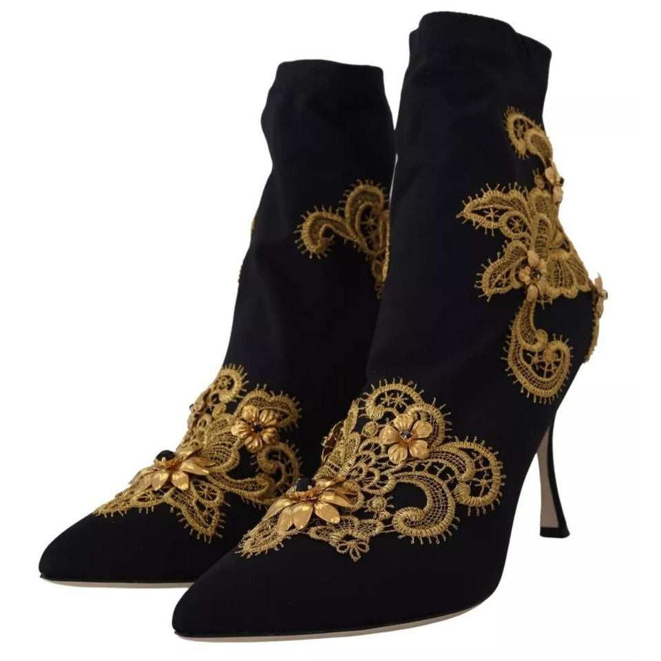 Dolce & Gabbana Black Gold Embroidery Slip On Boots Shoes