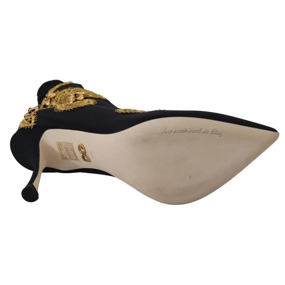 Dolce &amp; Gabbana Black Gold Embroidery Slip On Boots Shoes