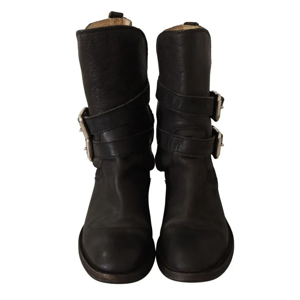 Dolce & Gabbana Black Leather Buckle Mid Calf Boots Shoes