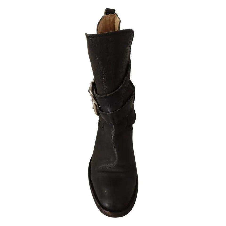 Dolce &amp; Gabbana Black Leather Buckle Mid Calf Boots Shoes