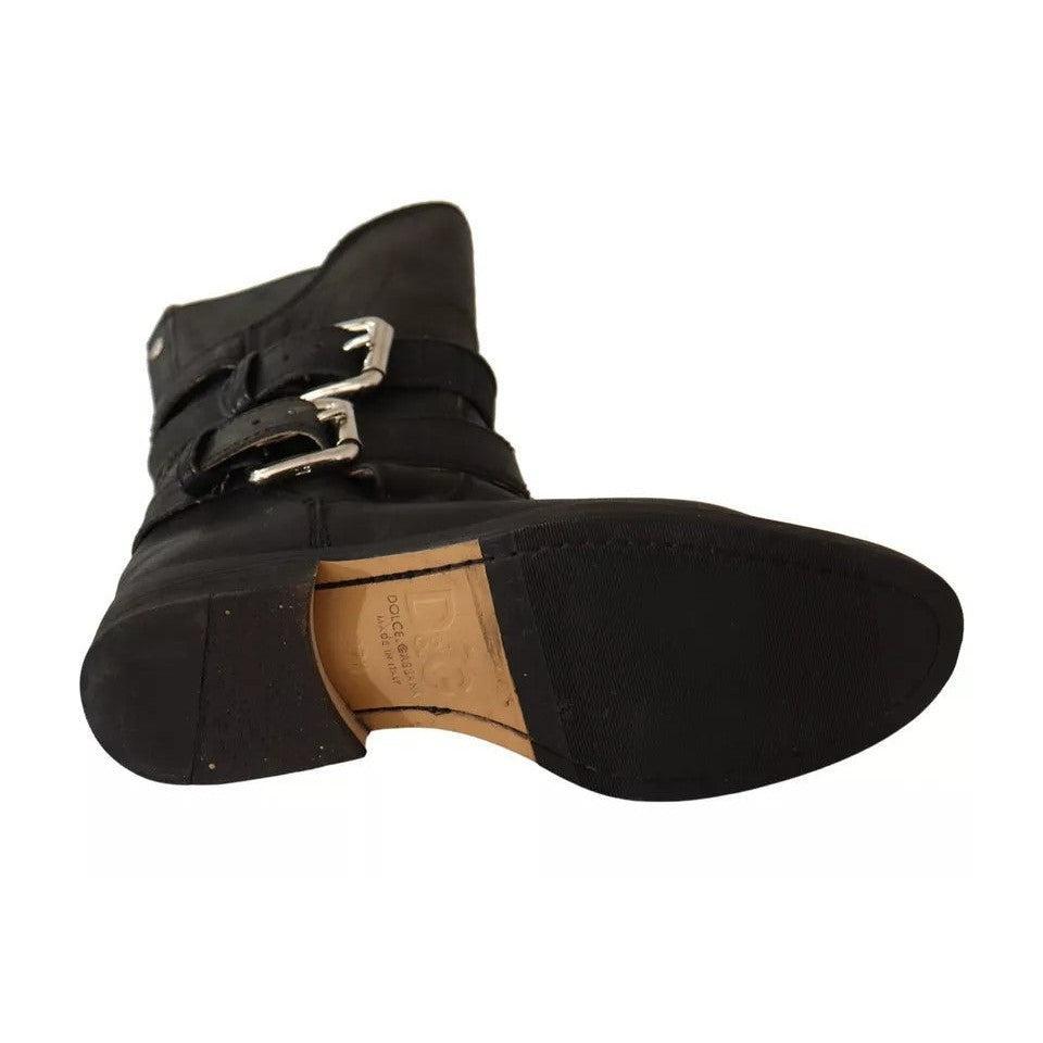Dolce &amp; Gabbana Black Leather Buckle Mid Calf Boots Shoes