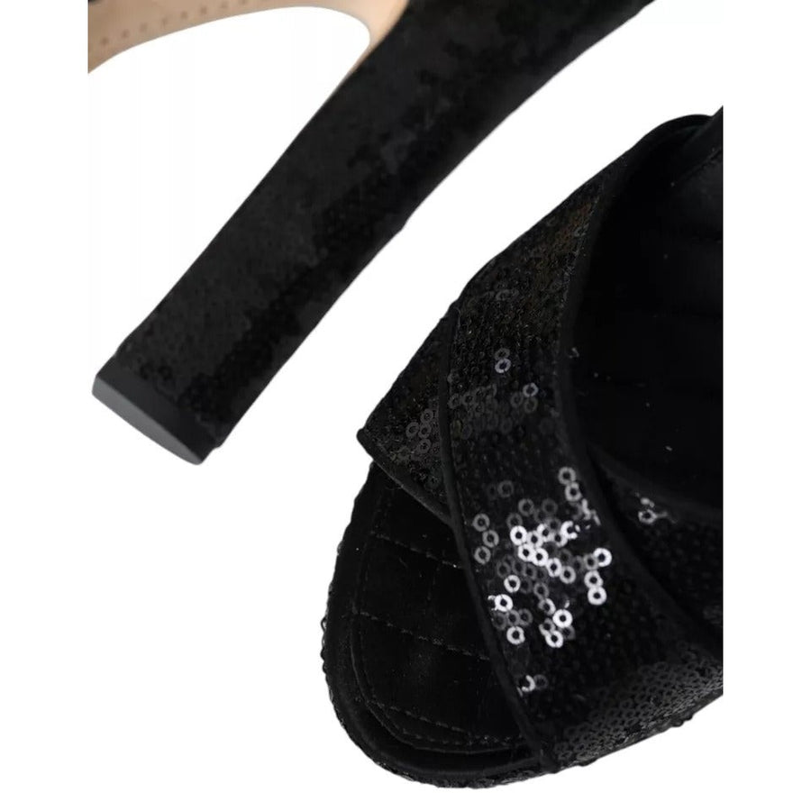 Dolce & Gabbana Black Sequin Ankle Strap Heels Sandals Shoes