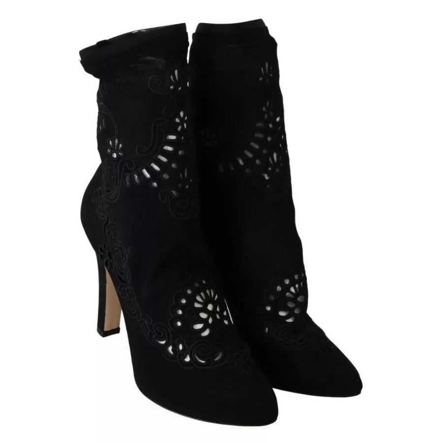 Dolce & Gabbana Black Stretch Pumps Boots Floral Lace Shoes