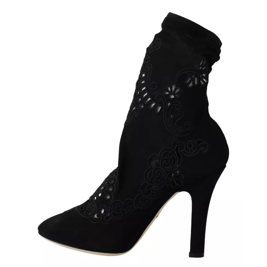 Dolce & Gabbana Black Stretch Pumps Boots Floral Lace Shoes