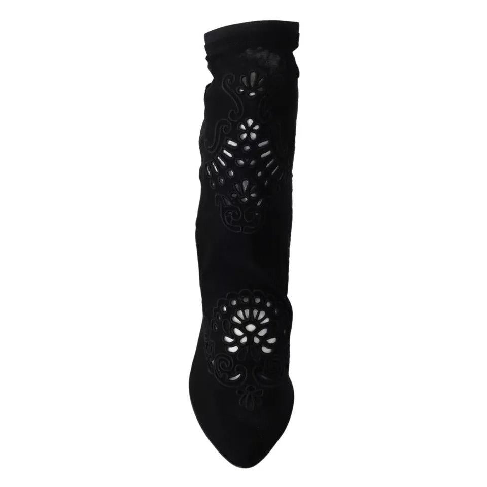 Dolce &amp; Gabbana Black Stretch Pumps Boots Floral Lace Shoes