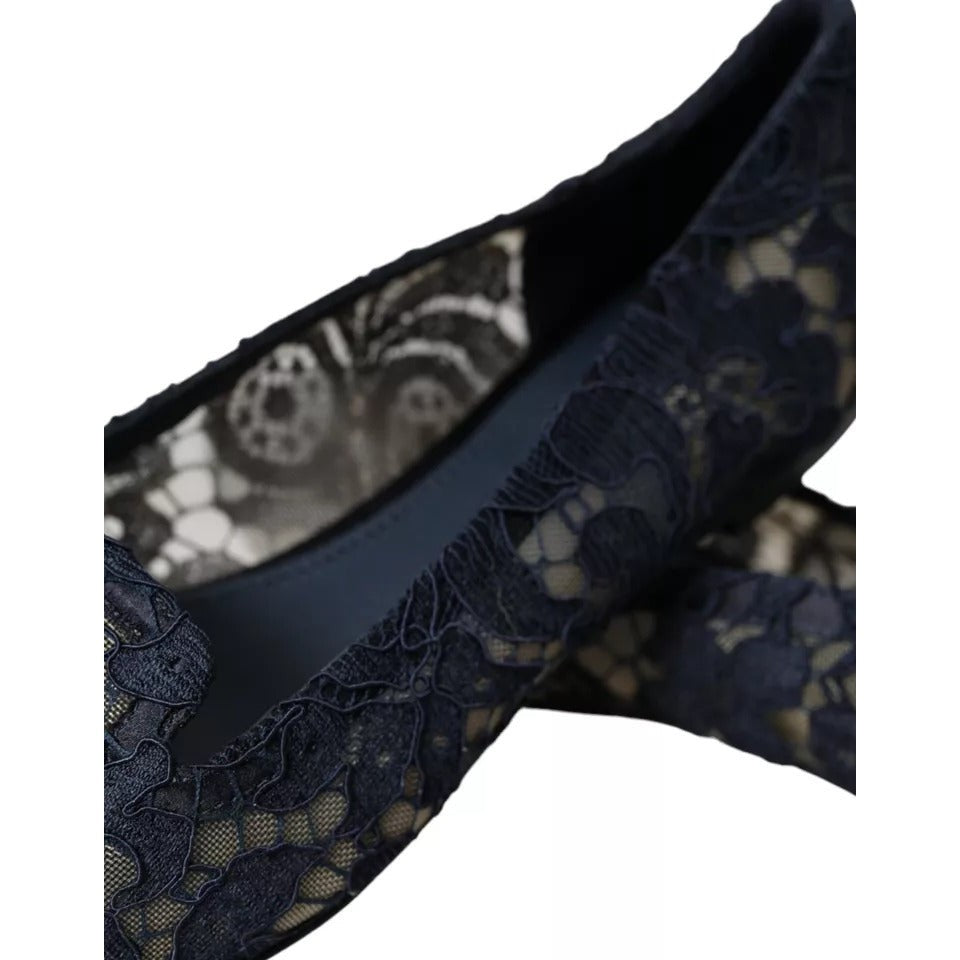 Dolce & Gabbana Dark Blue Taormina Lace Slip On Flats Shoes