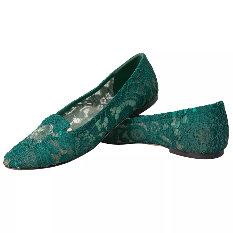 Dolce & Gabbana Green Taormina Lace Slip On Flats Shoes