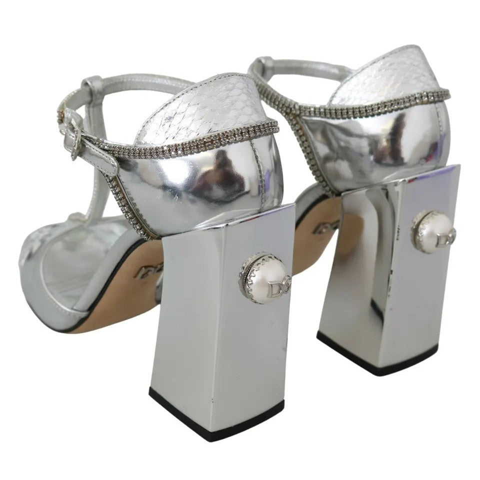 Dolce & Gabbana Silver Crystals T-strap Sandals Leather Shoes