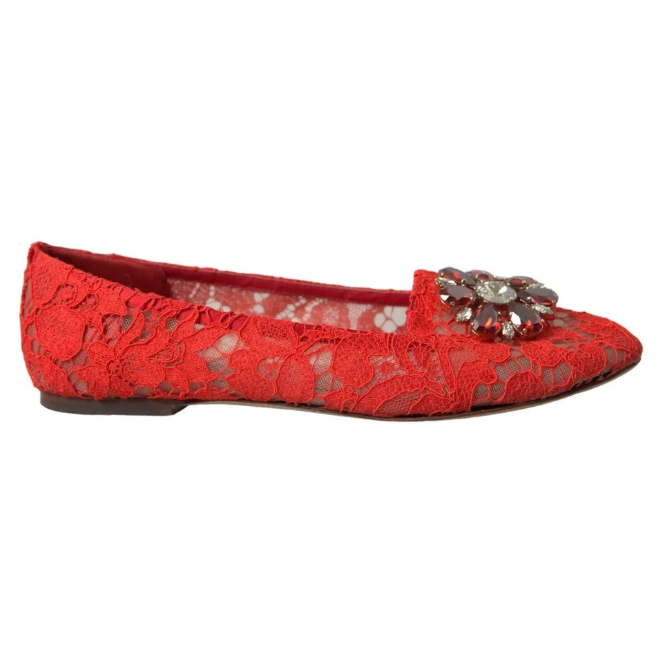 Dolce & Gabbana Red Lace Crystal Ballet Loafers Shoes