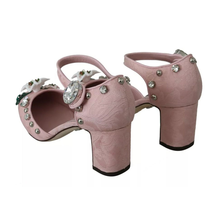 Dolce & Gabbana Pink Brocade Crystal Lily Ankle Strap Shoes