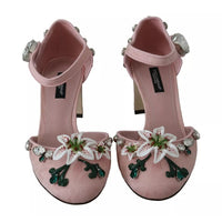 Dolce & Gabbana Pink Brocade Crystal Lily Ankle Strap Shoes