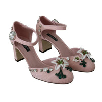 Dolce & Gabbana Pink Brocade Crystal Lily Ankle Strap Shoes