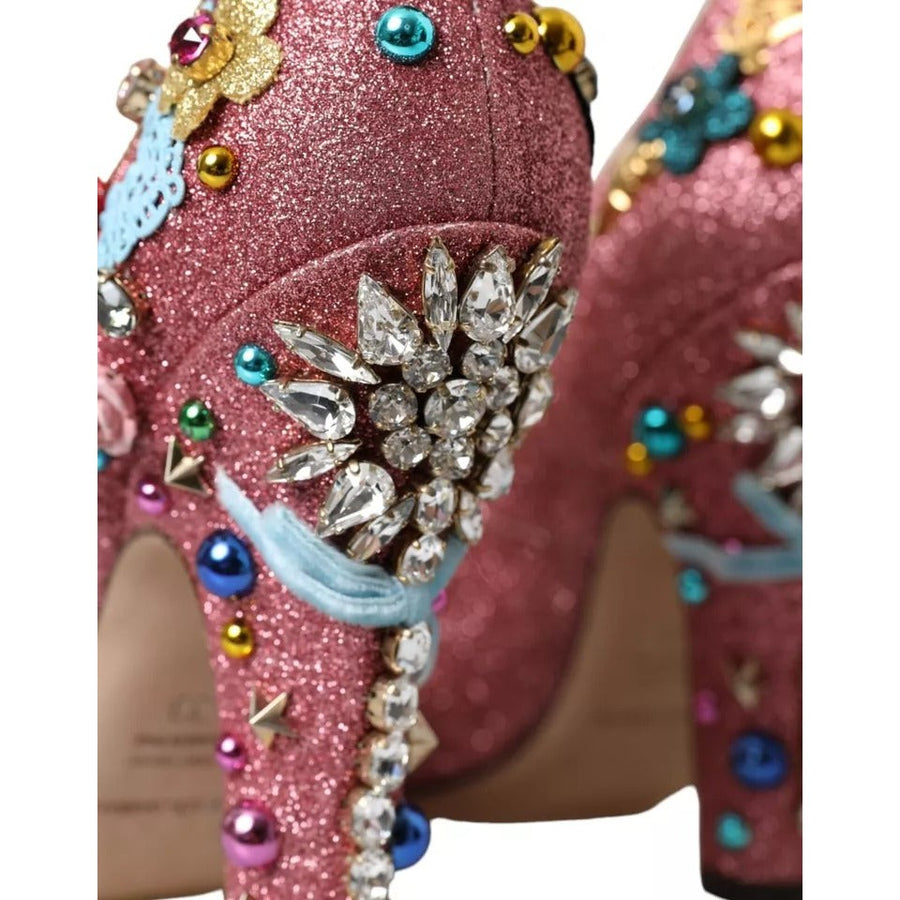 Dolce & Gabbana Pink Embellished Fur Mary Jane Pumps Shoes