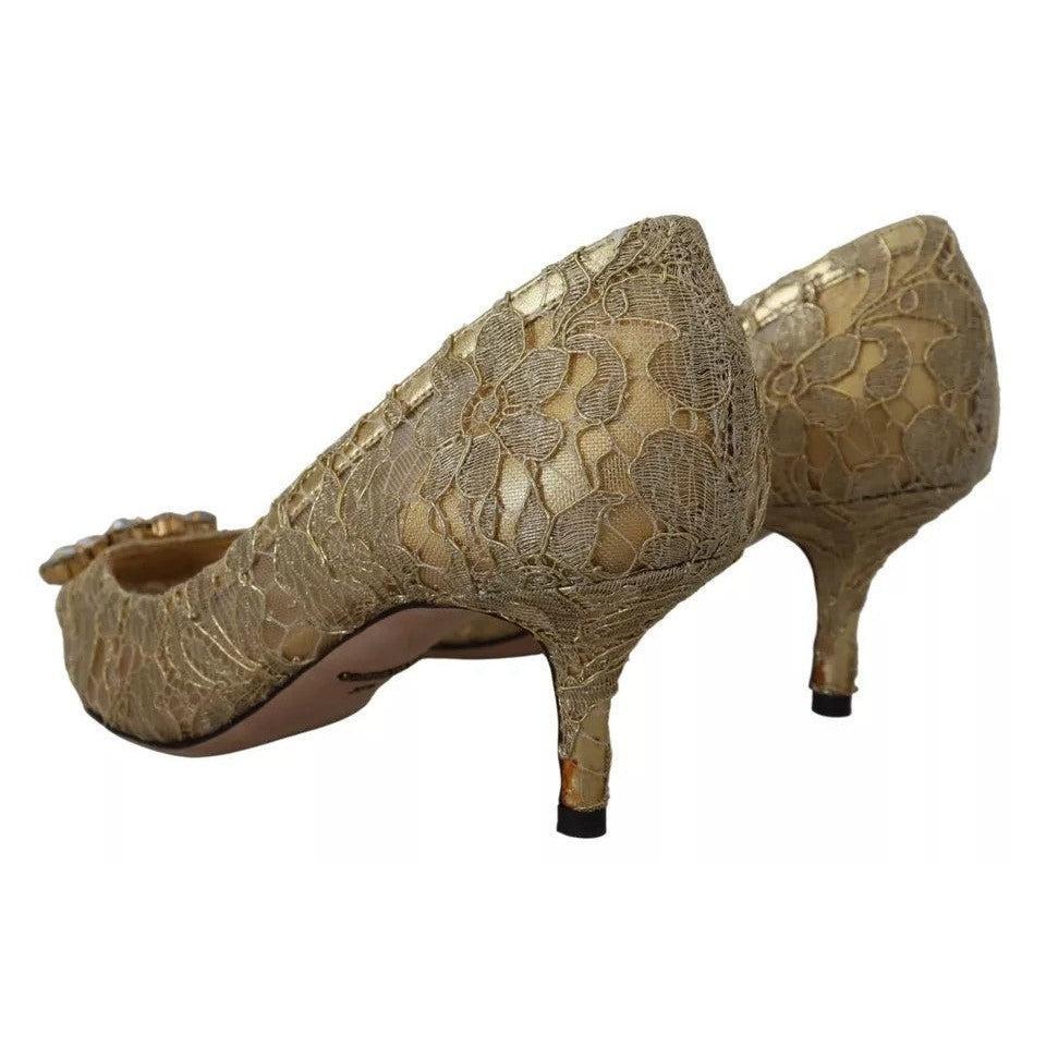 Dolce &amp; Gabbana Gold Taormina Lace Crystal Heels Pumps Shoes