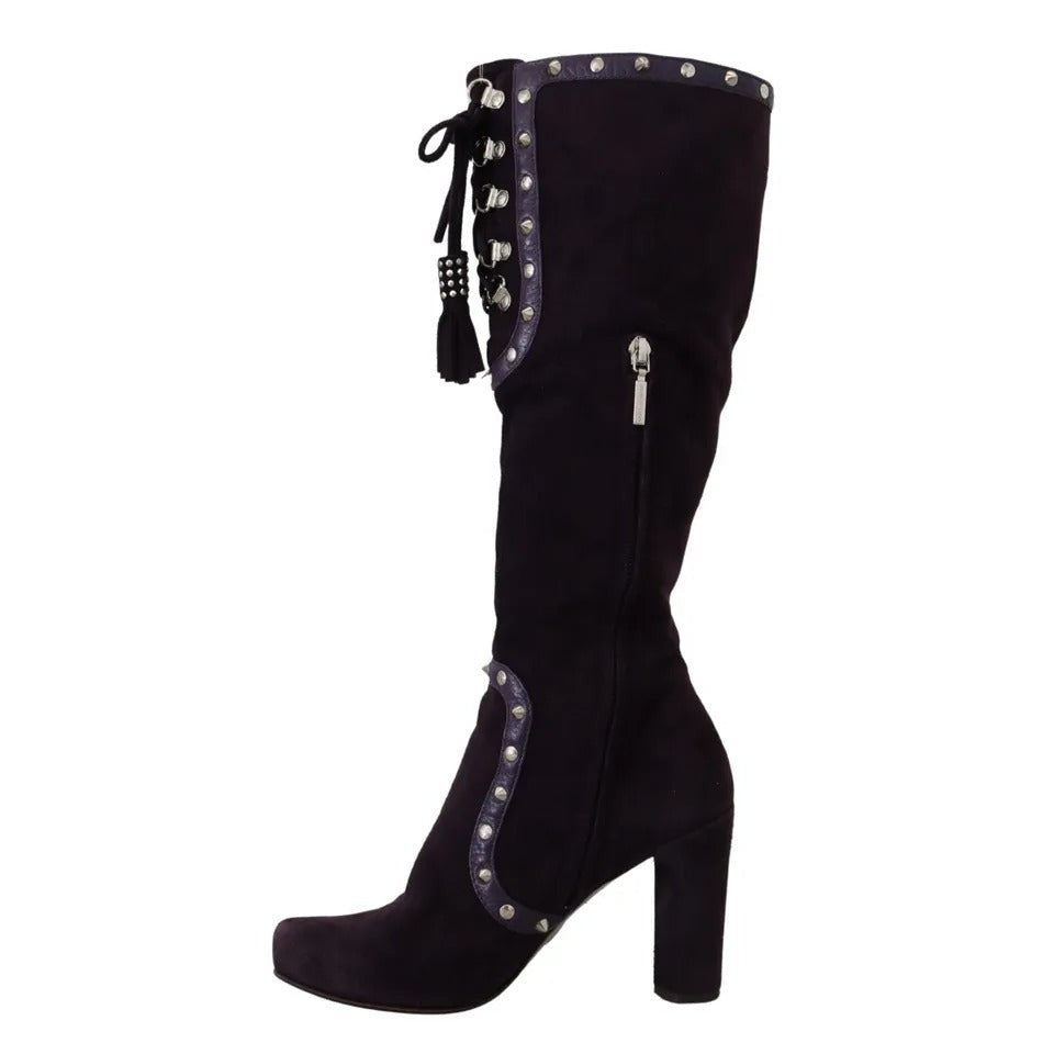 Dolce & Gabbana Purple Suede Leather Studded High Boots Shoes