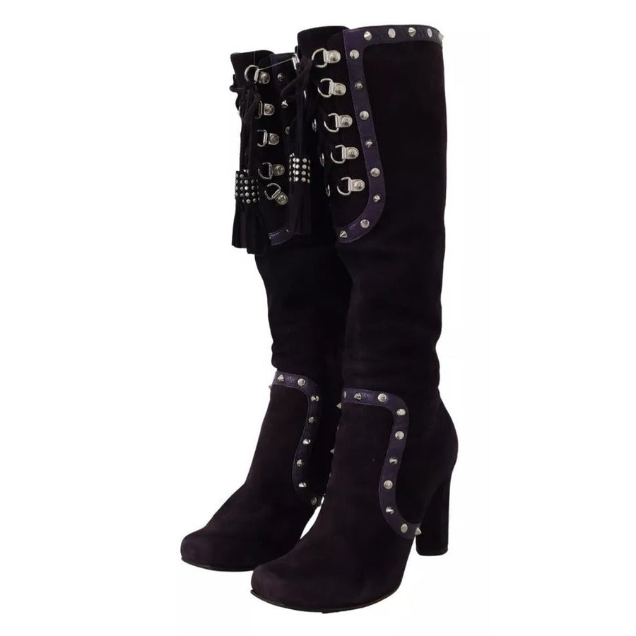 Dolce & Gabbana Purple Suede Leather Studded High Boots Shoes