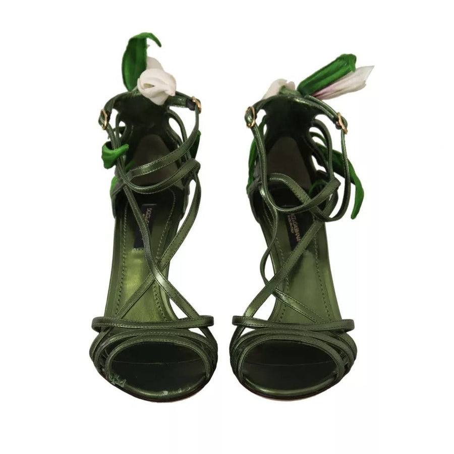 Dolce & Gabbana Acid Green Leather Strappy Flower Heels Sandals Shoes