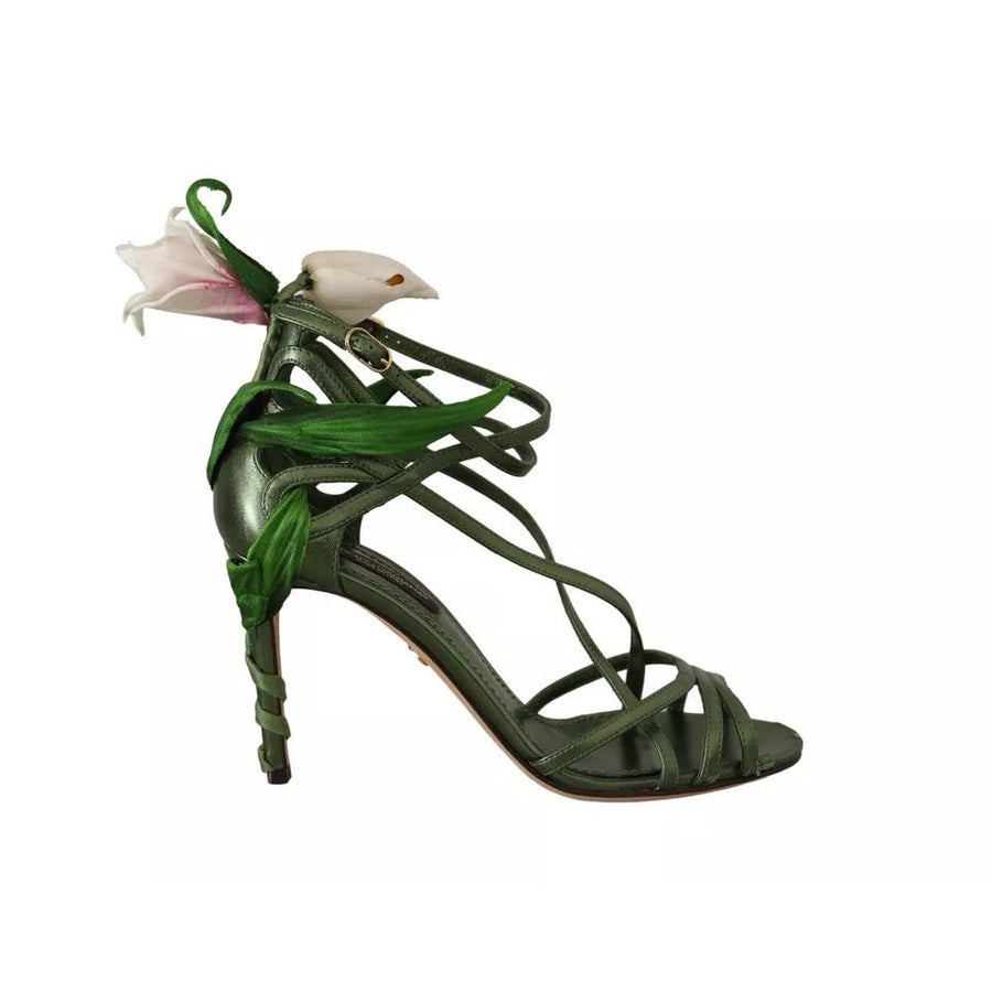 Dolce & Gabbana Acid Green Leather Strappy Flower Heels Sandals Shoes