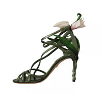 Dolce & Gabbana Acid Green Leather Strappy Flower Heels Sandals Shoes