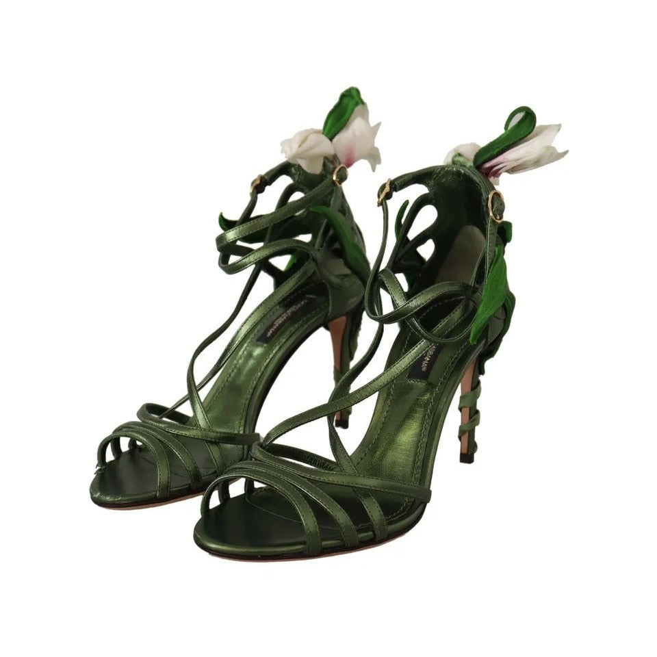 Dolce & Gabbana Acid Green Leather Strappy Flower Heels Sandals Shoes