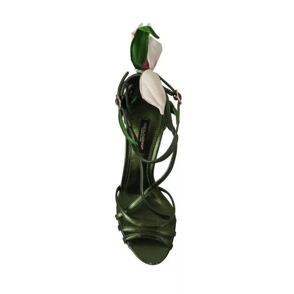 Dolce &amp; Gabbana Acid Green Leather Strappy Flower Heels Sandals Shoes
