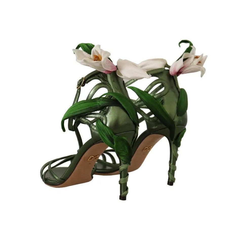 Dolce &amp; Gabbana Acid Green Leather Strappy Flower Heels Sandals Shoes