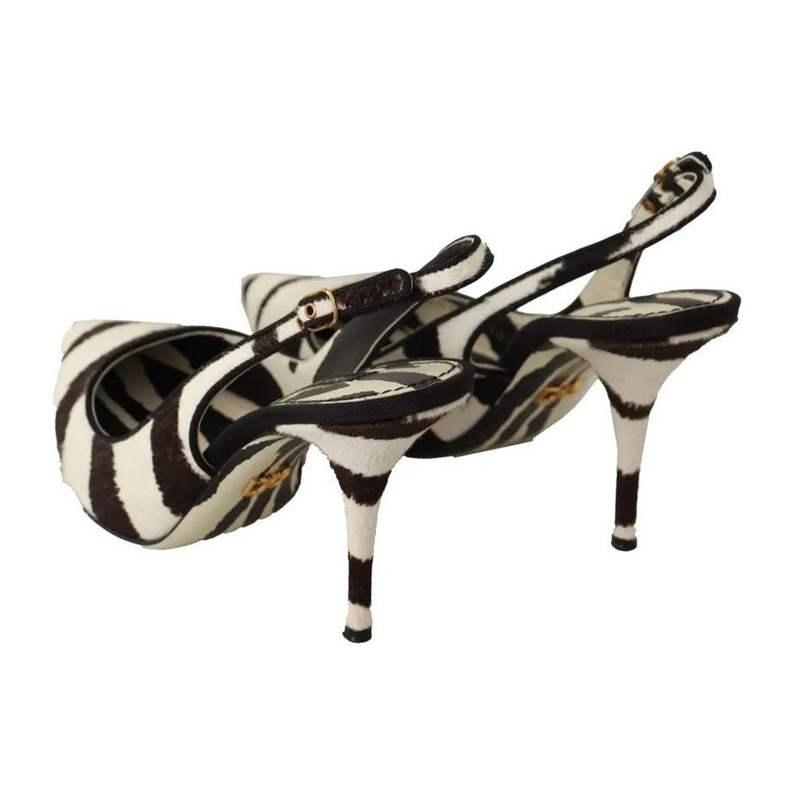 Dolce & Gabbana Black White Zebra Leather Heels Slingback Shoes