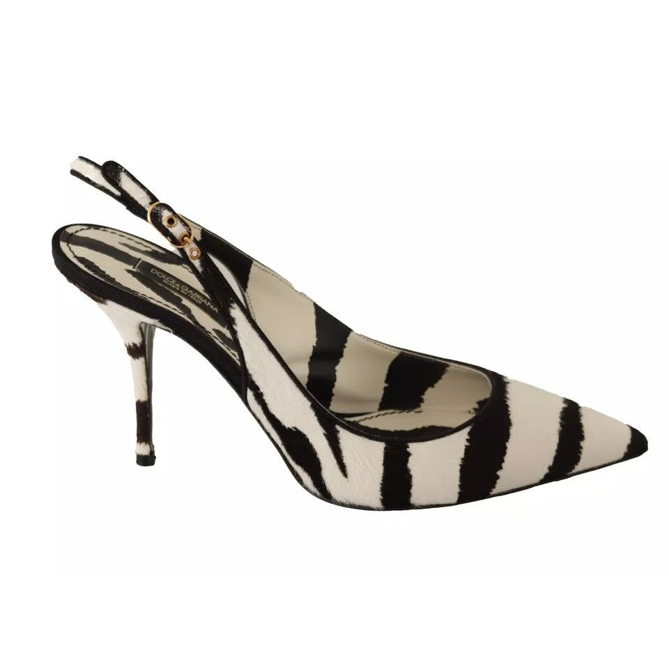 Dolce & Gabbana Black White Zebra Leather Heels Slingback Shoes