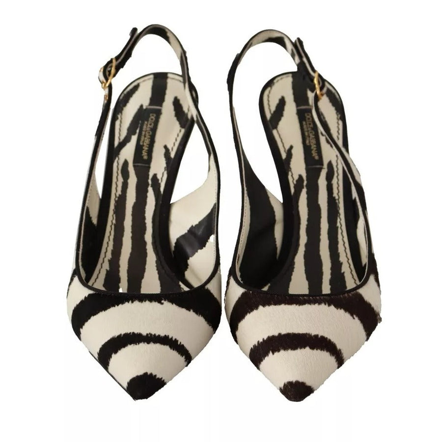 Dolce & Gabbana Black White Zebra Leather Heels Slingback Shoes