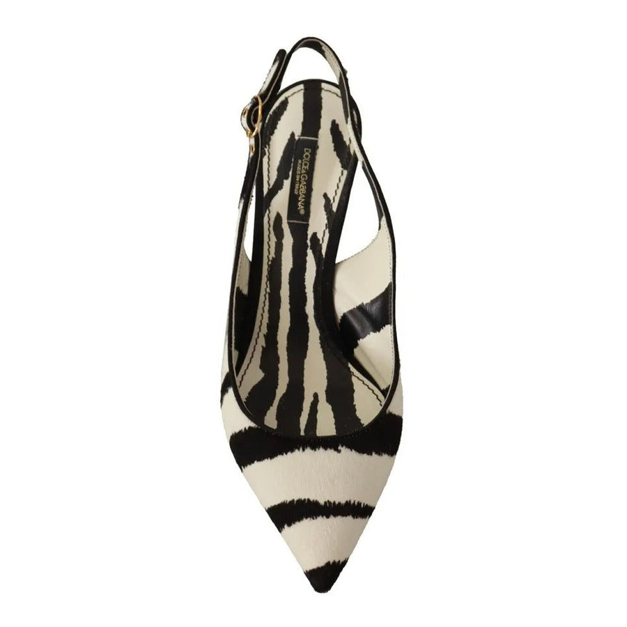 Dolce & Gabbana Black White Zebra Leather Heels Slingback Shoes