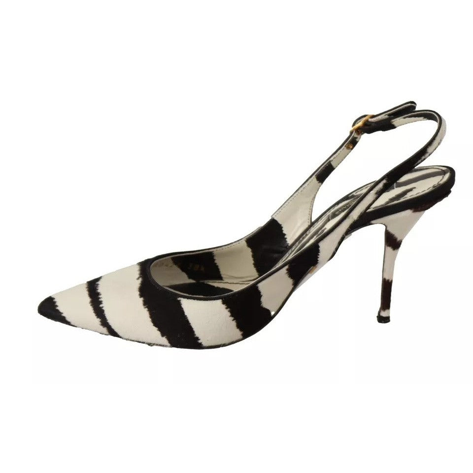 Dolce & Gabbana Black White Zebra Leather Heels Slingback Shoes