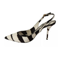 Dolce & Gabbana Black White Zebra Leather Heels Slingback Shoes