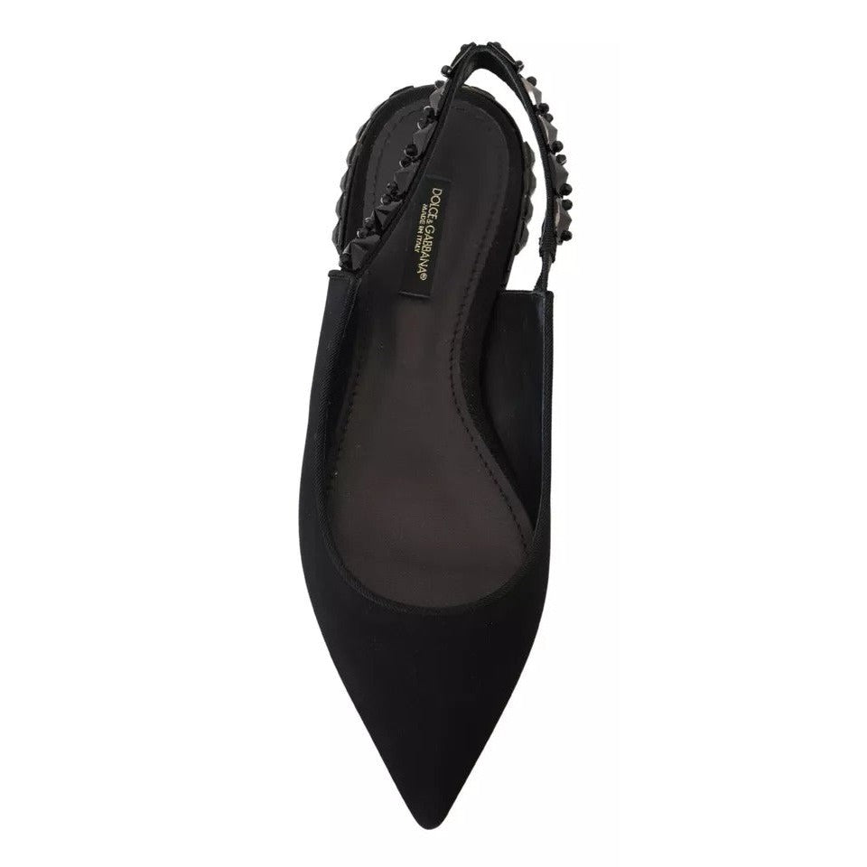 Dolce &amp; Gabbana Black Flats Crystal Slingback Charmeuse Shoes