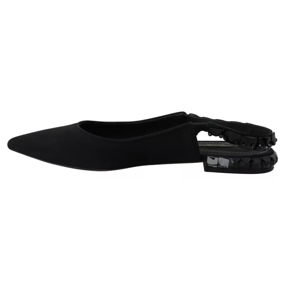Dolce &amp; Gabbana Black Flats Crystal Slingback Charmeuse Shoes