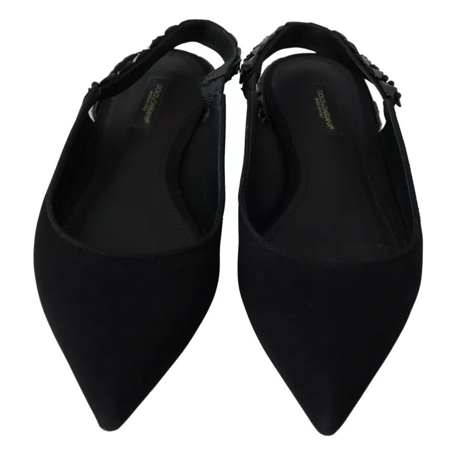 Dolce & Gabbana Black Flats Crystal Slingback Charmeuse Shoes