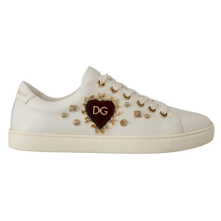 Dolce & Gabbana White Leather Gold Red Heart Sneakers Shoes