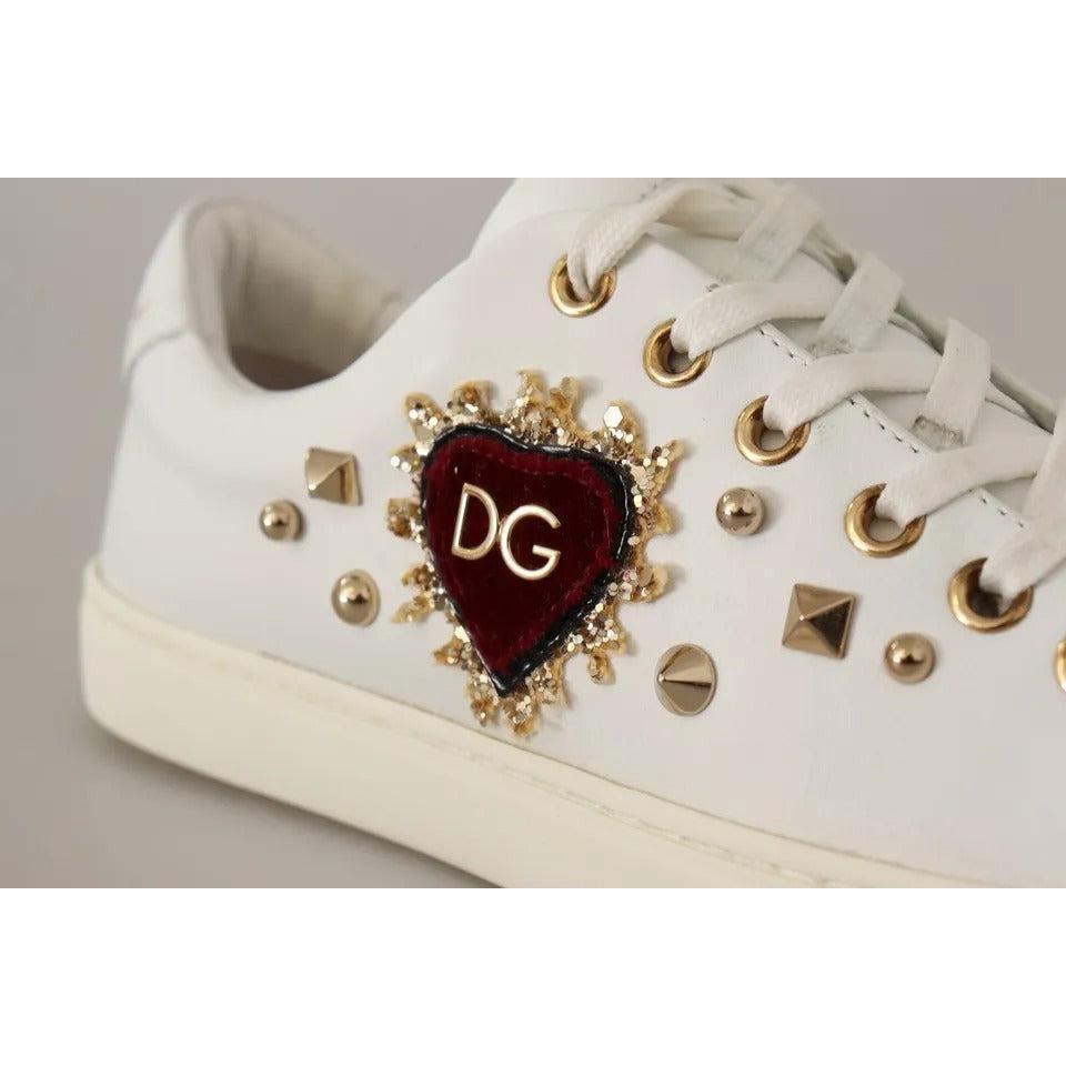 Dolce &amp; Gabbana White Leather Gold Red Heart Sneakers Shoes