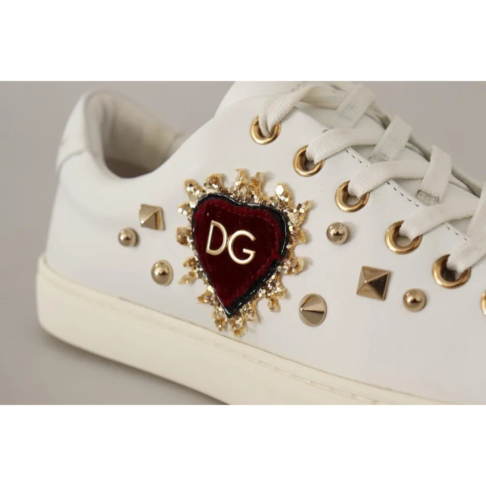 Dolce & Gabbana White Leather Gold Red Heart Sneakers Shoes