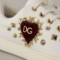 Dolce & Gabbana White Leather Gold Red Heart Sneakers Shoes