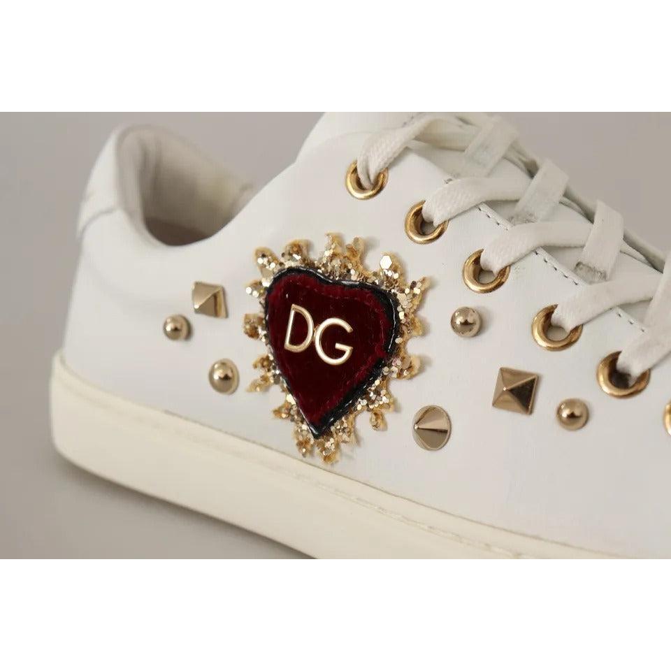 Dolce &amp; Gabbana White Leather Gold Red Heart Sneakers Shoes