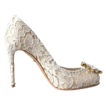 Dolce & Gabbana White Taormina Lace Crystal Heels Pumps Shoes